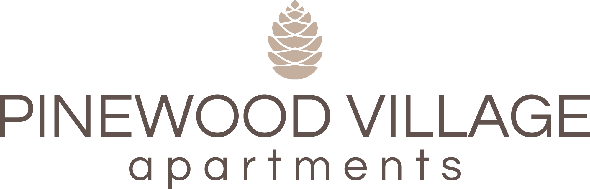 The image is a logo for Pinewood Village apartments.